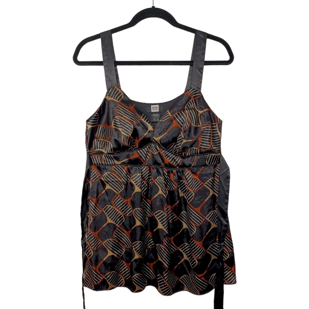 STUDIO 1940 Brown White Stripe Print Black Sleeveless Top Medium - Picture 2 of 8